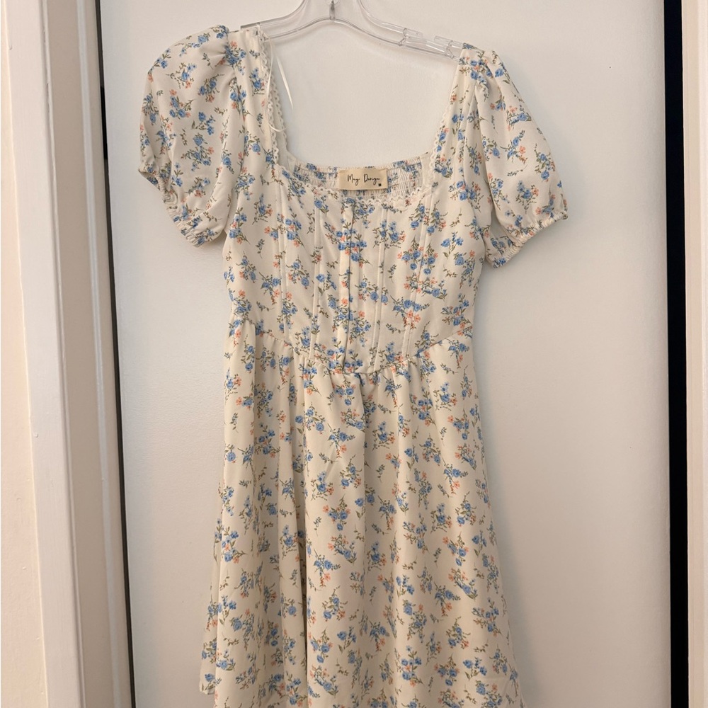 Cream Floral Puff Sleeve Mini Dress with Blue & Peach Flowers